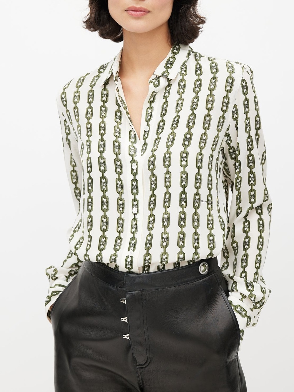 CALIBAN White Green Paisley Print Button Down Blouse Cotton Stretch Blend XS